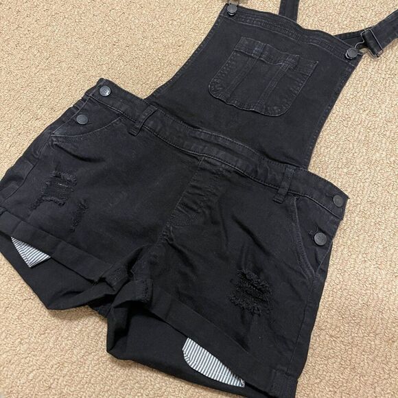 Wax Jean Black Denim Romper Overall Shorts - Size M - Picture 7 of 9